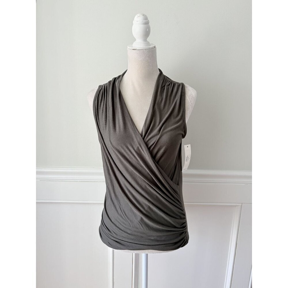 Loveappella Olive Gray Sleeveless Wrap-Style Top